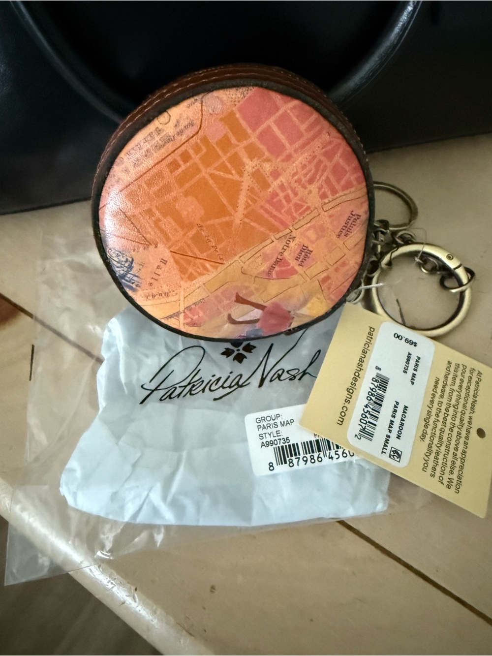 Patricia Nash Pink and Orange Paris Map Leather Coin Pouch Keychain